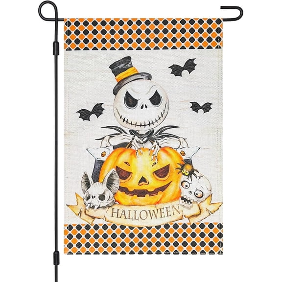 Halloween Jack Skellington Decorative Burlap Garden Flag, 12x18 Inch Double Sided Nightmare Before Christmas Pumpkin King Happy Halloween Small Vertical Flags,Outdoor Home Patio Porch Yard