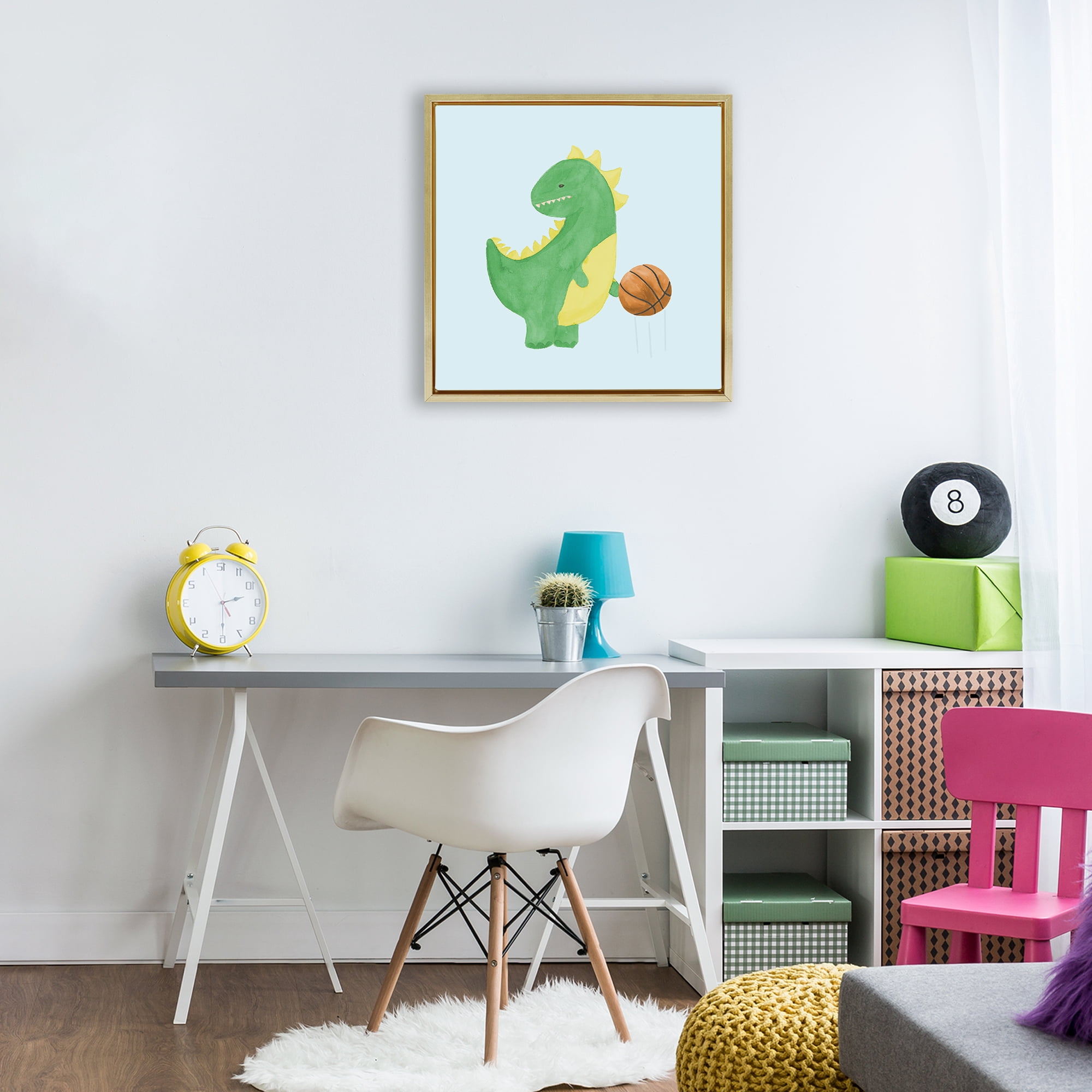 Stupell Industries Baby Dino & Basketball Gold Framed Floater Canvas Wall Art, design by Lucille Price