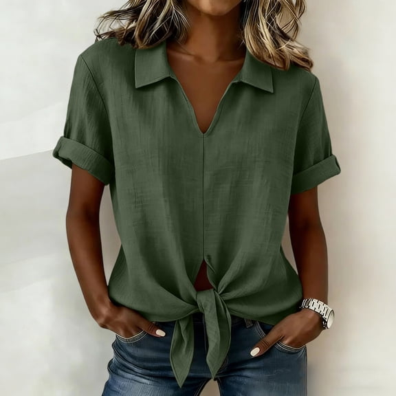Elwylmiz Women's Top Collared Short Sleeve Tie Front Blouse Loose Fit Casual Beach Summer Tunic Shirt