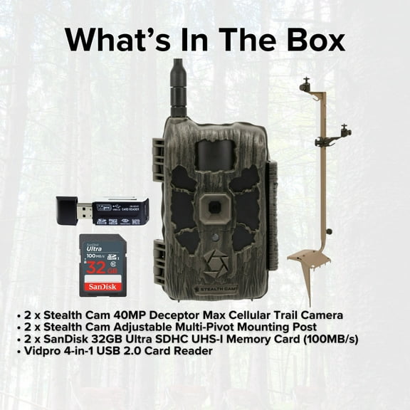 Stealth Cam 40MP Deceptor Max Cellular Trail Camera with 0.4-Second Trigger Speed (2-Pack) Bundle with Adjustable Mounting Post (2-Pack), Card Reader, and 32GB Memory Card (2-Pack) (6 Items)
