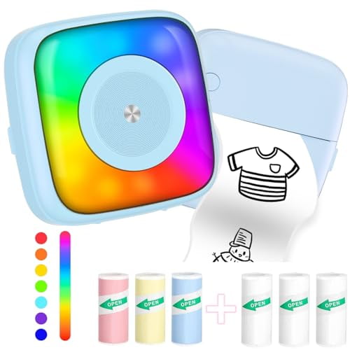 Impresora de pegatinas con 6 rollos de papel adhesivo, siete modos de iluminación de color para álbumes de recortes, viajes, notas, etiquetas y recordatorios. Compatible con iOS y Android.