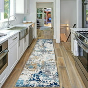 2.5x9 Runner Rug for Hallway, Kitchen Rug, Long Carpet for entryway, Abstract Blue Yellow Grey