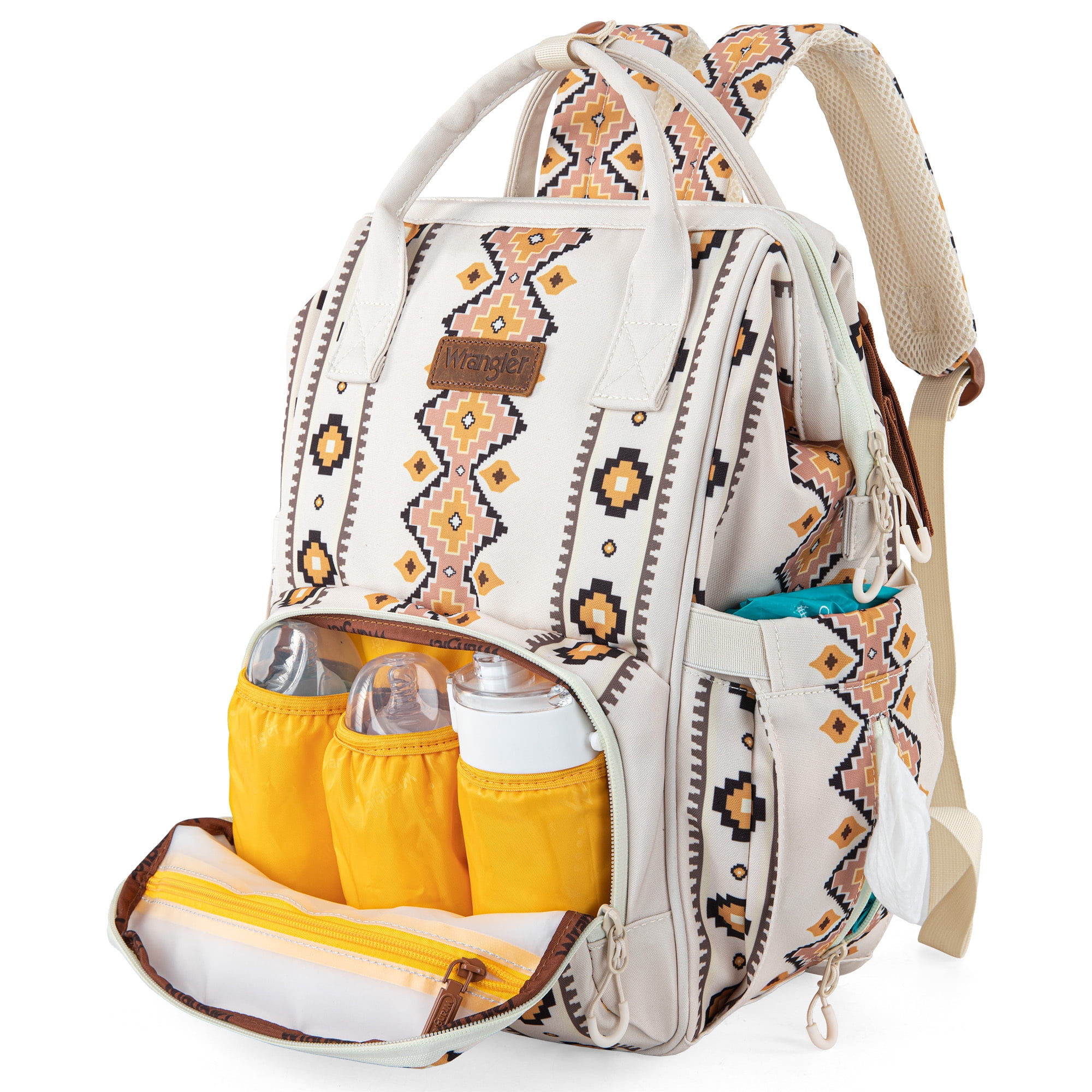 Wrangler Aztec Travel Backpack Baby Bag for Women with Stroller Strap and Side Bottle Pockets Organized Diaper Bag, Tan