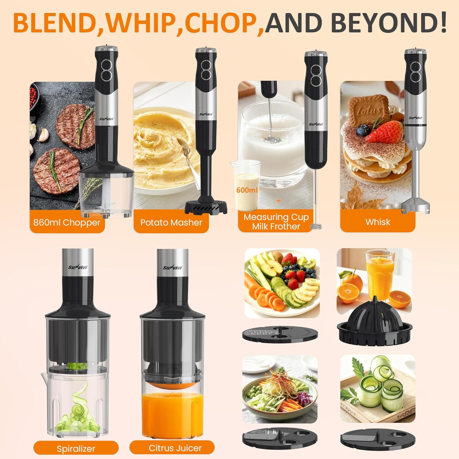 Sunvivi 1000W Immersion Blender Set with 12-Speed Turbo & 10 Accessories for Smoothies, Soups, and Purees
