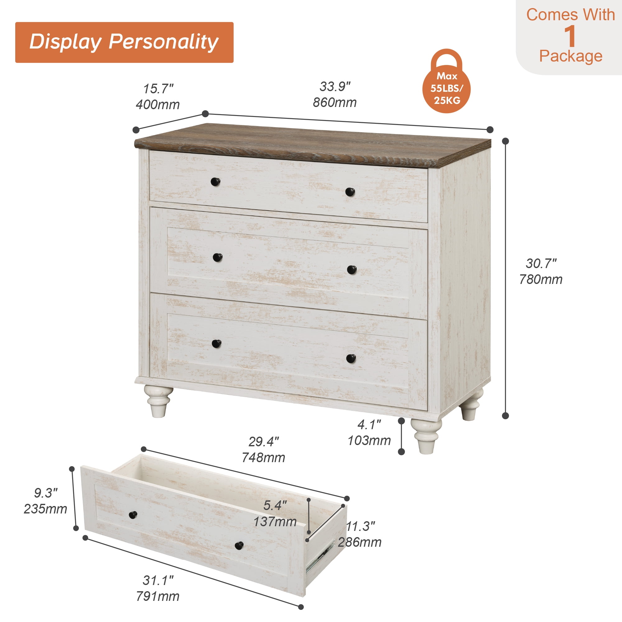 WAMPAT Mid Century Rustic White Dresser, 3 Wide Drawers Wooden Storage Chest for Home
