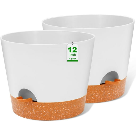 Superior Hub 12 inch Plant Pots, planters,Self Watering Pots, 2 Pack Large Plastic Flower pots with Deep Reservior and High Drainage Holes for Indoor Outdoor Plants and Flowers, White