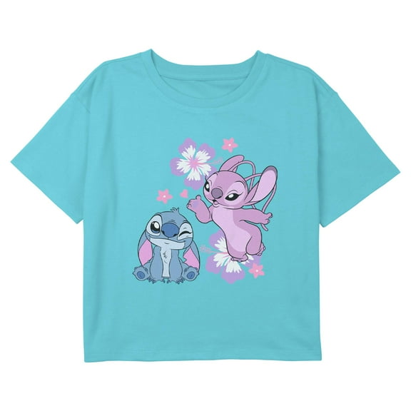 Girls Lilo & Stitch Angel Kisses and Flowers Graphic Cropped T-Shirt
