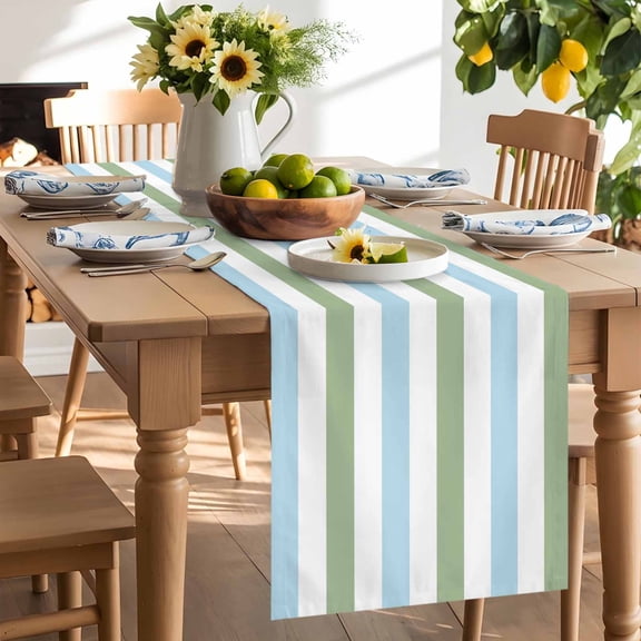 Geometric Sage Table Runner, Green and Blue Stripes Washable Kitchen Table Runners Dress Scarves for Dining Table Decorations Party/Restaurant/Indoor Outdoor Use, 18x72in