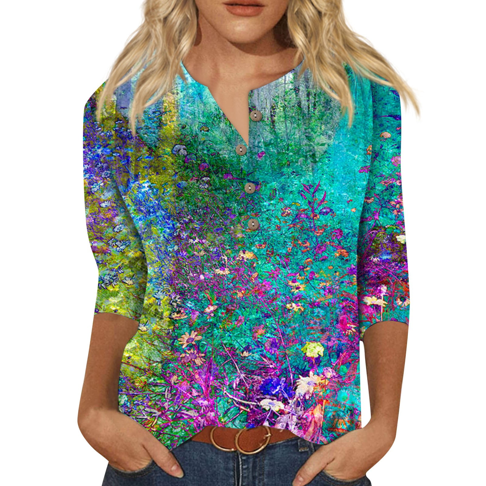 Womens 3/4 Sleeve Tops and Blouses Plus Summer Floral Print Tunic Work Tops  for Women Large Bust Crewneck Slim Fit Half Sleeve Oversized Graphic Tees