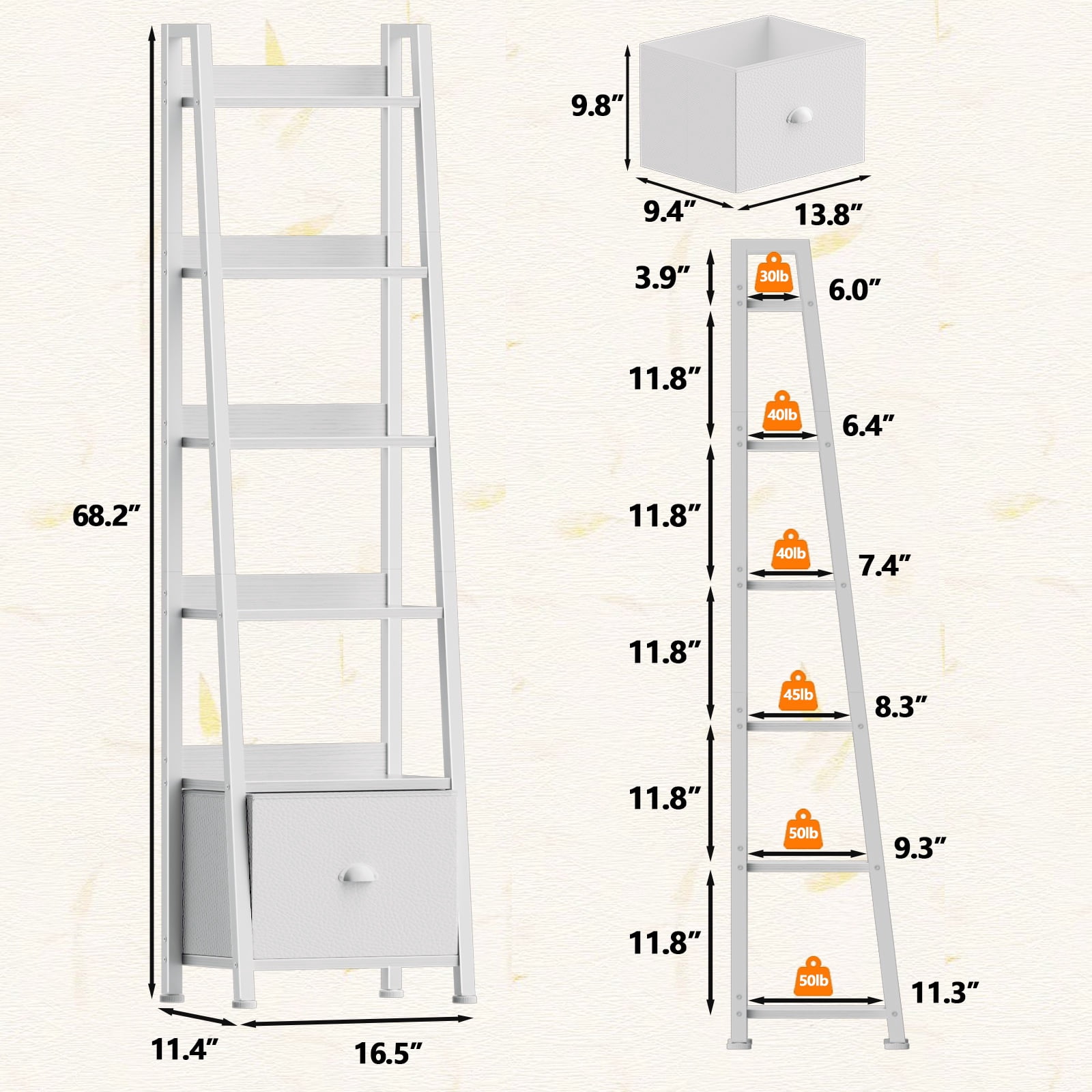 Tydimor 6-Tier Leaning Ladder Bookshelf with Fabric Drawer, White Leaning Bookcase with Storage Shelves for Home Office Living Room Bedroom