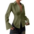 thumbnail image 3 of Women'S Collared Waist Pleated Flare Long Sleeve Fitted Shirt Green S, 3 of 8