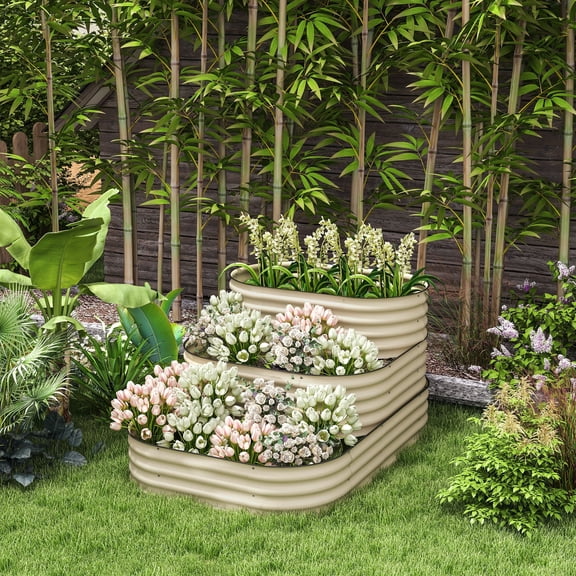 NOBOLEA 3-Tier Galvanized Raised Garden Bed, 62.25" Metal Planter Box Kit with Safety Edging, Open Bottom Outdoor Planter for Backyard Patio, Cream White