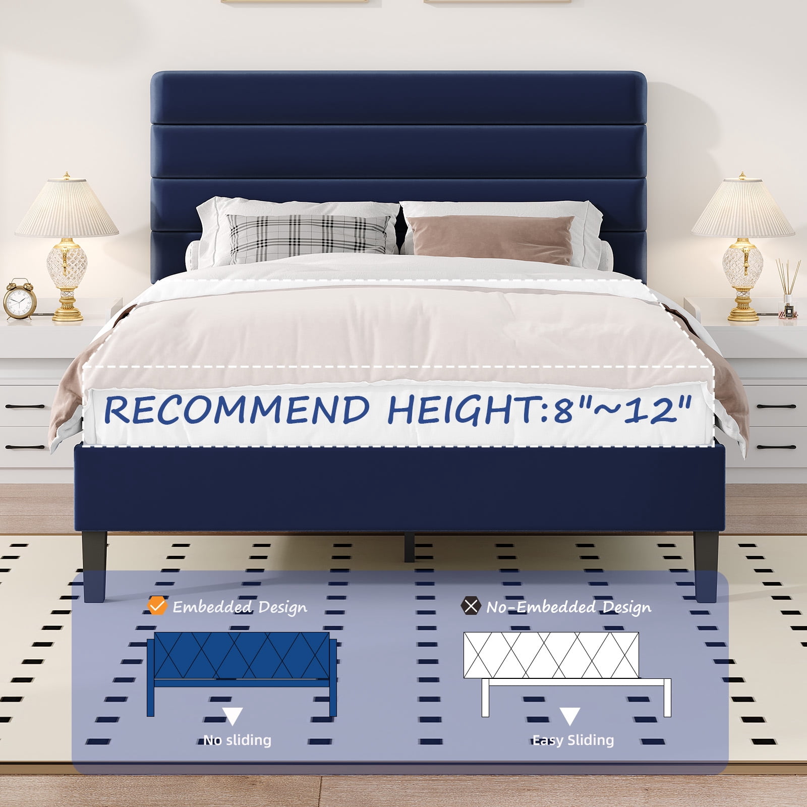 4 EVER WINNER Queen Size Platform Bed Frame, Horizontal Stitched Blue Velvet Upholstered Headboard, Solid Wooden Slat Support, Noise-Free, No Box Spring Needed
