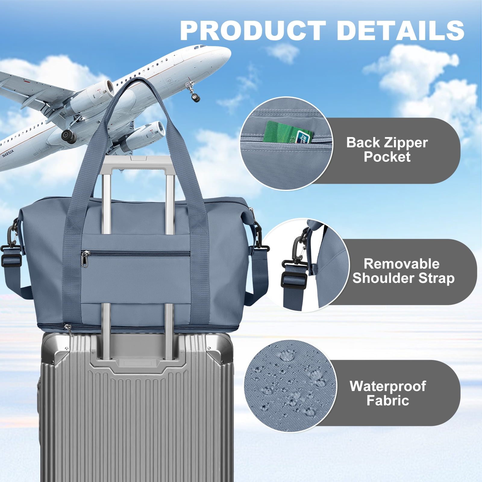 Travel Bag, Waterproof Duffel Gym Tote Bag, Weekender Carry On Overnight Bags for Women Men Approved Personal Item Bag for Airlines with Trolley Sleeve, Travel Duffel Bags, Jewel Blue