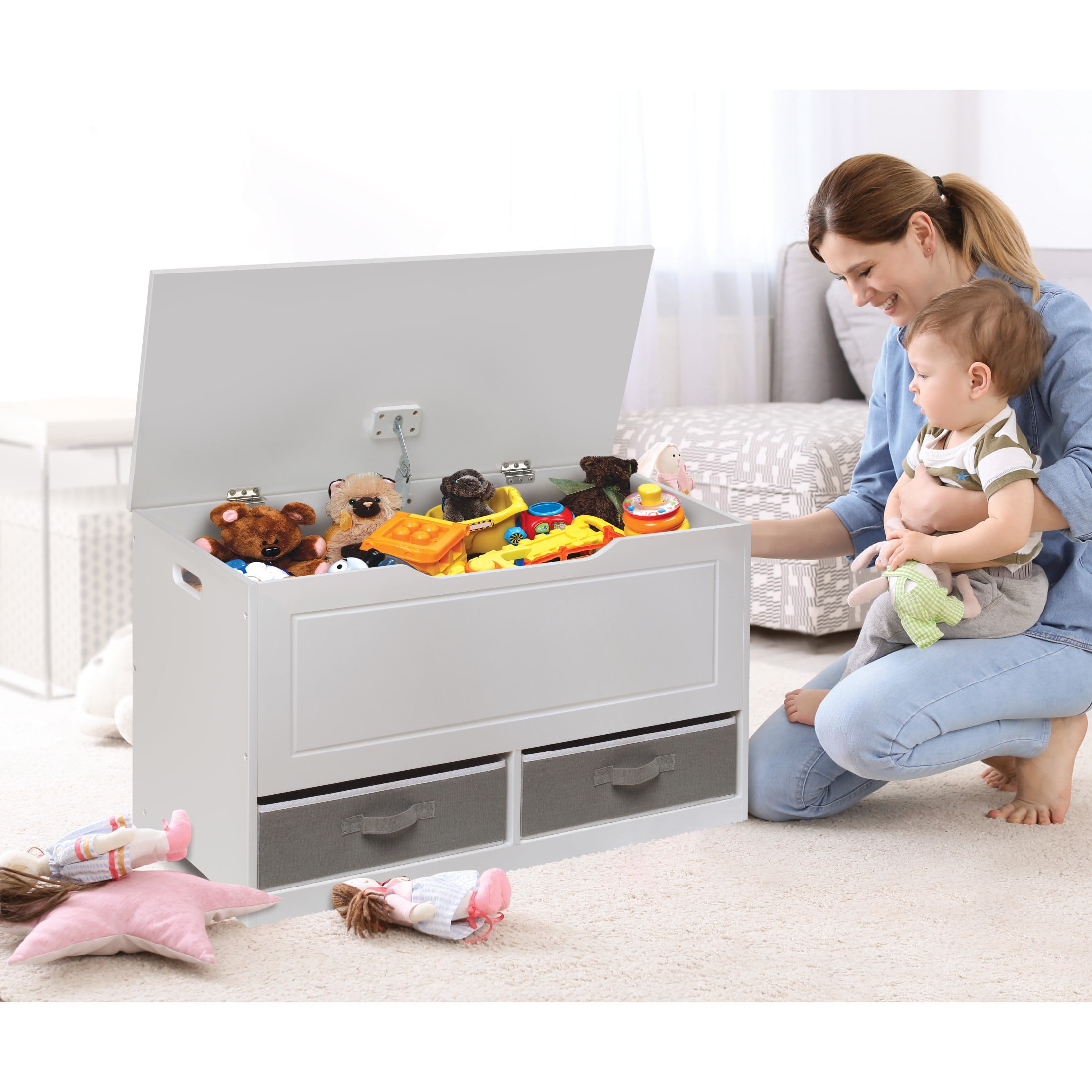 Badger Basket Children's Wooden Up & Down Toy Box and Storage Bench 3.8 Cu ft. - White