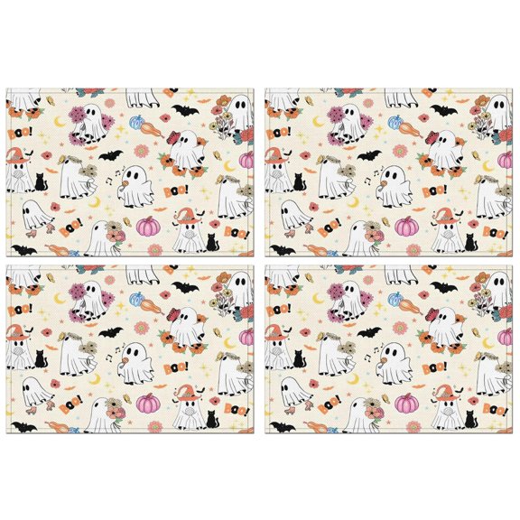 Halloween Cute Ghosts with Boo Summer Placemats Table Placemats Set Of 4-Linen Kitchen Washable Placemats Table Mats 11.8"x17.7" Non-Slip Heat Resistant