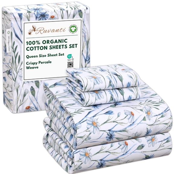 RUVANTI 100% Organic Cotton Sheets - Twin XL Sheet Sets - 3 Piece Percale Weave Bedding, Crisp, Cooling & Breathable, Soft & Durable, 16" Deep Pocket, Hotel Quality Sábanas - Silver Filigree