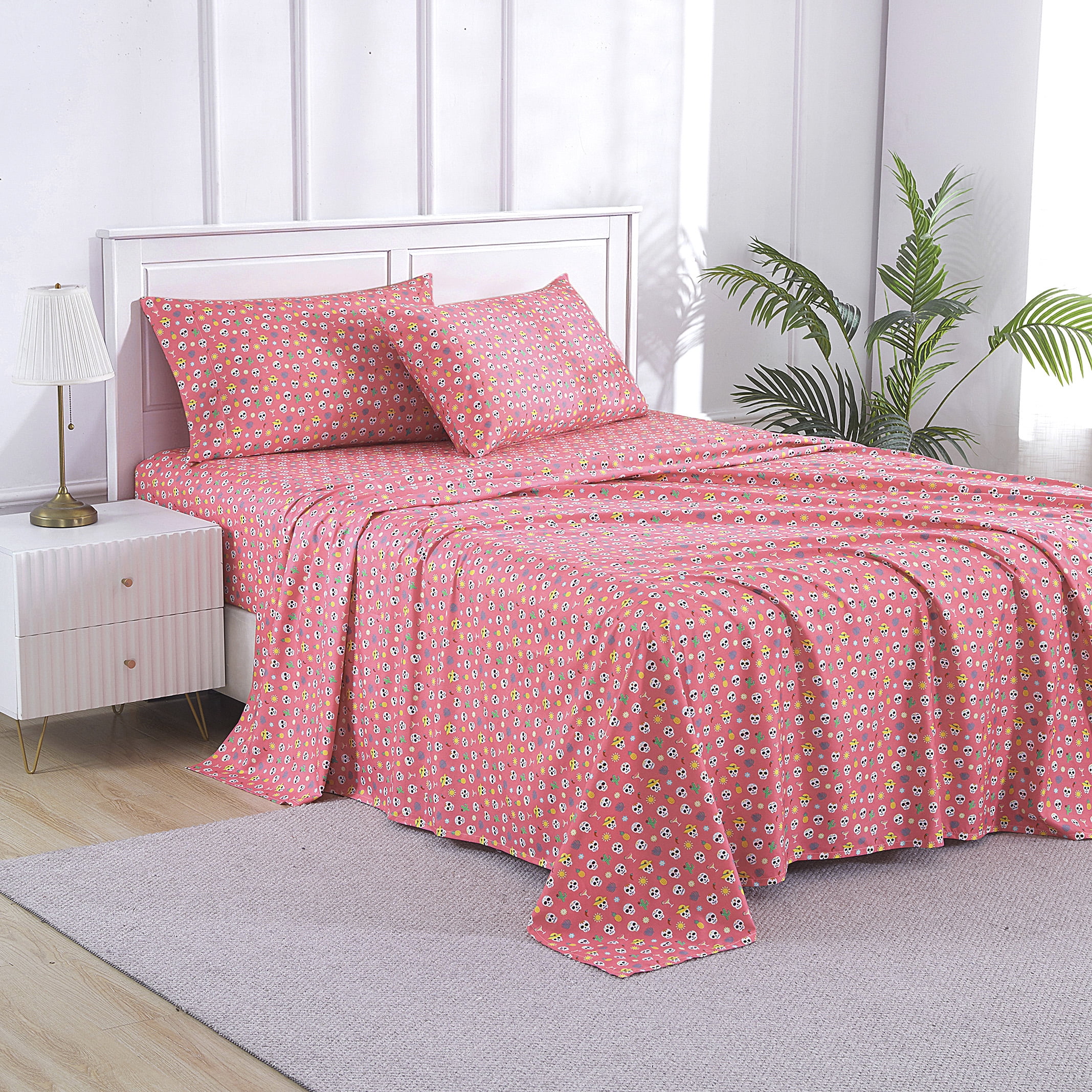 Summerween Soft Microfiber Sheet Set, Fiesta Skulls Pink, Queen