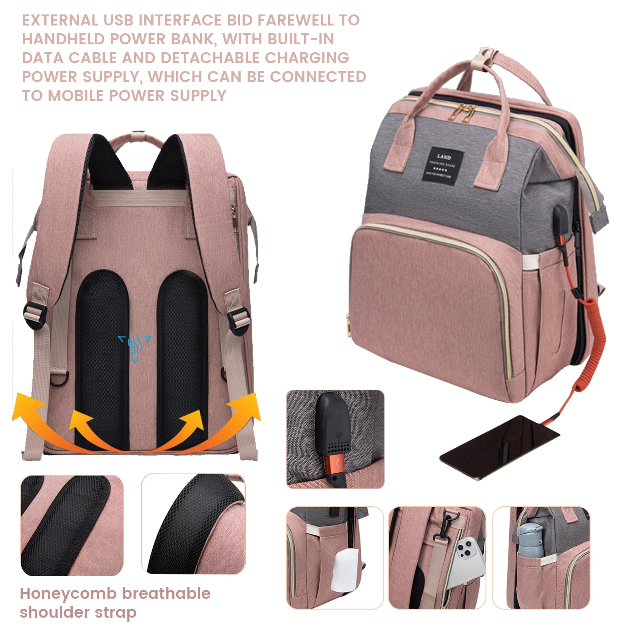 Diaper Backpack, Baby Diaper Bag Backpack for Boys& Girls, Large Capacity Baby Changing Bag w/ Foldable Crib & Insulated Milk Bottle Pocket - Waterproof and Stylish (Pink)