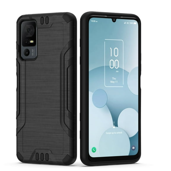 For TCL 40 XL Hybrid Dual Layer Slim Defender Armor Metallic Brush Texture Finishing Shockproof Hard PC   TPU Rubber Cover ,Xpm Phone Case [ Black ]