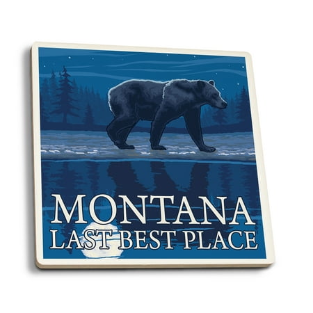 Montana, Last Best Place - Bear in Moonlight - Lantern Press Artwork (Set of 4 Ceramic Coasters - Cork-backed, (Best Place For Back To School Shopping)