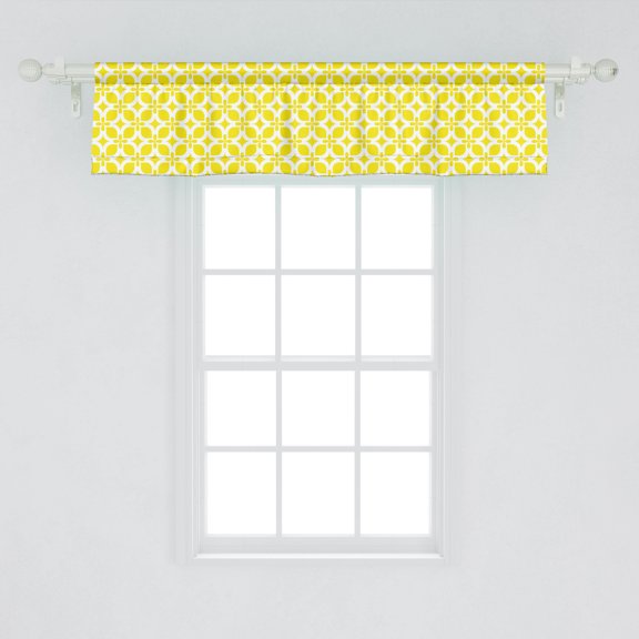 Ambesonne Yellow and White Window Valance, Geometrical Ornament with Floral Motifs Simplistic Retro Mosaic Grid, Curtain Valance for Kitchen Bedroom Decor with Rod Pocket, 54" X 12", Yellow and White