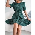 thumbnail image 5 of Wycnly Sundresses for Women Short Sleeve Round Neck Leopard Print Mini Dresses Elastic Waist Flowy Ruffle Swing A Line Summer Dress Green, 5 of 7