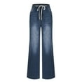 thumbnail image 4 of Bibifish Womens Jeans Dark Blue Drawstring Waist Wide Leg Denim Pants Side Pocket Soft Oversized Fit Casual Daily Outings Streetwear Trendy Jeans, 4 of 5
