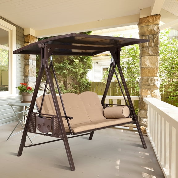 PURPLE LEAF Outdoor Patio Porch Swing with Adjustable PVC Canopy, 3-Seat Swing Chair Bench with Side Cup Holder for Backyard Front Porch Lawn, Cushions and Pillow Included, Beige