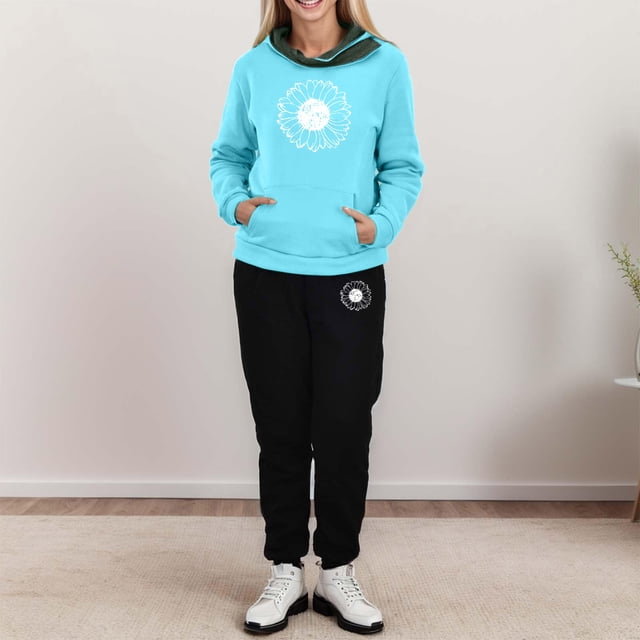 jovatis Ensembles de Détente pour Femmes Manches Longues Col Rond à Capuche Pull Imprimé et Pantalon Ensemble Deux Pièces