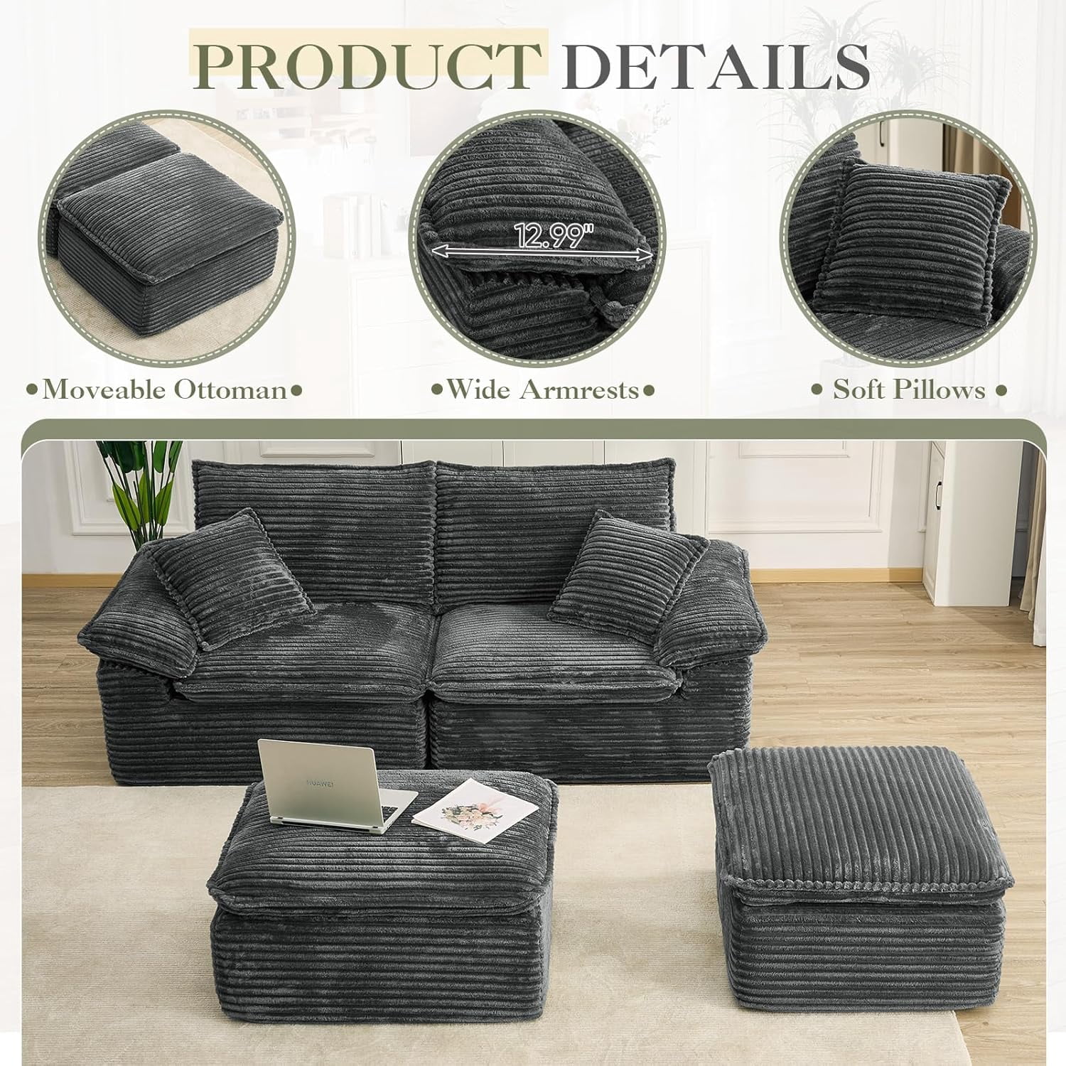 Aukfa 4-Piece Modular Sectional Sofa, Corduroy Convertible Double Chaise Lounge with Ottomans, Grey
