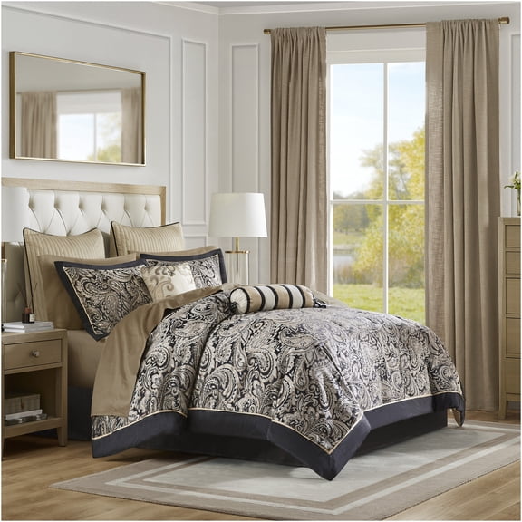 JERFIT 12-Piece California King Comforter Set with 200 Thread Count Cotton Sheets, Black and Gold Paisley Jacquard Bedding Collection