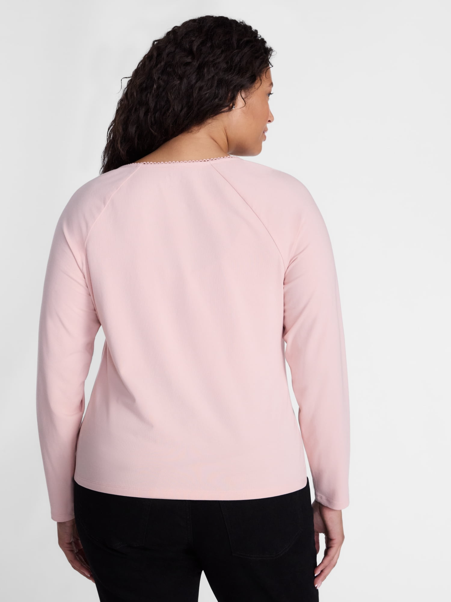 Terra & Sky Women's Plus Ruched Front Tie Hem Top with Long Sleeves, Sizes 0X-5X