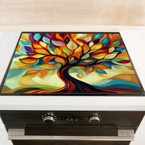 Silicone Stove Mat for Glass Top Stove, Artistic Multicolor - Foliage Tree Electric Stove Cover Mat, 28 x 20 Inch Heat - Resistant Gas Gtove Burner Covers Glass Stove Top Protector