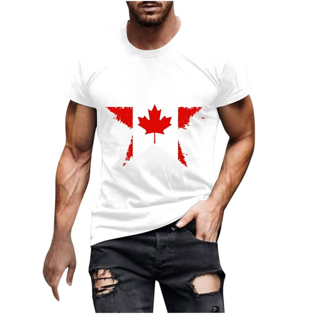 Pisexur T Shirts for Man , T-Shirt à Manches Courtes Col Rond Imprimé Drapeau Canadien pour Hommes - Blanc, G Chemises de Golf Hommes & Chemises Hommes