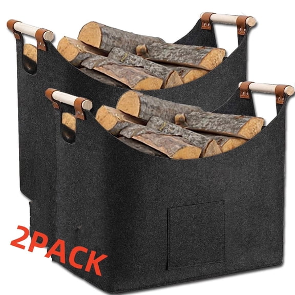 2Pack Firewood Baskets with Storage Bag,Foldable Large Wood Basket for Firewood,Firewood Basket with Reinforced Wooden Handle,Felt Bags,Shopper for Firewood,Firewood(Grey)