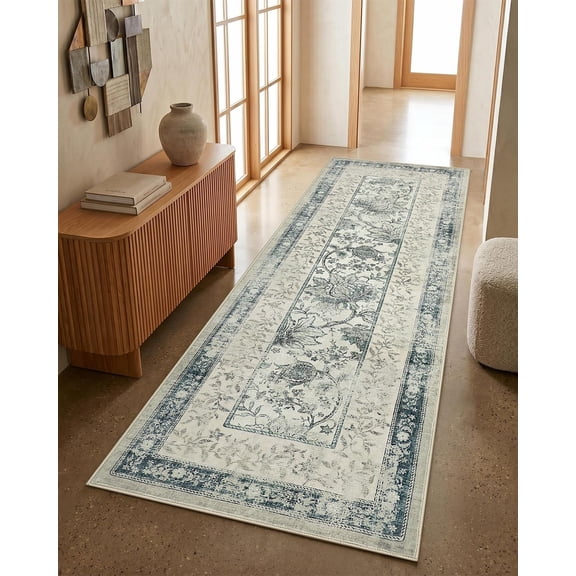 2x6 Runner Rug Non-Slip Washable Vintage Blue Kitchen Hallway Rug Low-Pile Stain Resistant