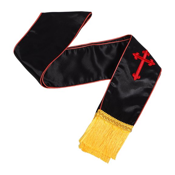 CATIEBYE Elegant Pastor Shawl in Black Polyester with Red Trim and Embroidered Cross for Ceremonies