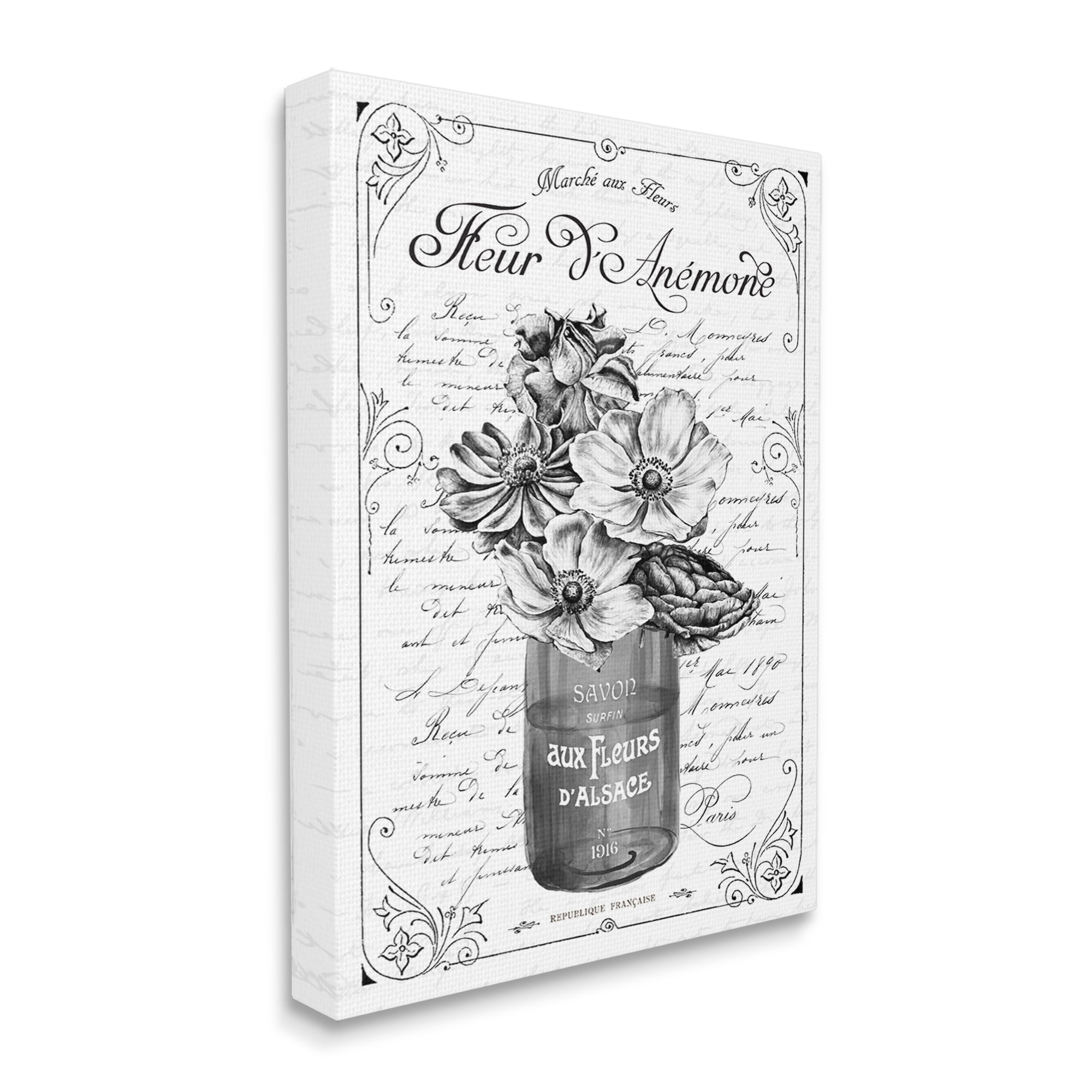 Stupell Industries Anemone Flower French Text Fancy Floral Border Graphic Art Gallery Wrapped Canvas Print Wall Art, Design by Lettered and Lined