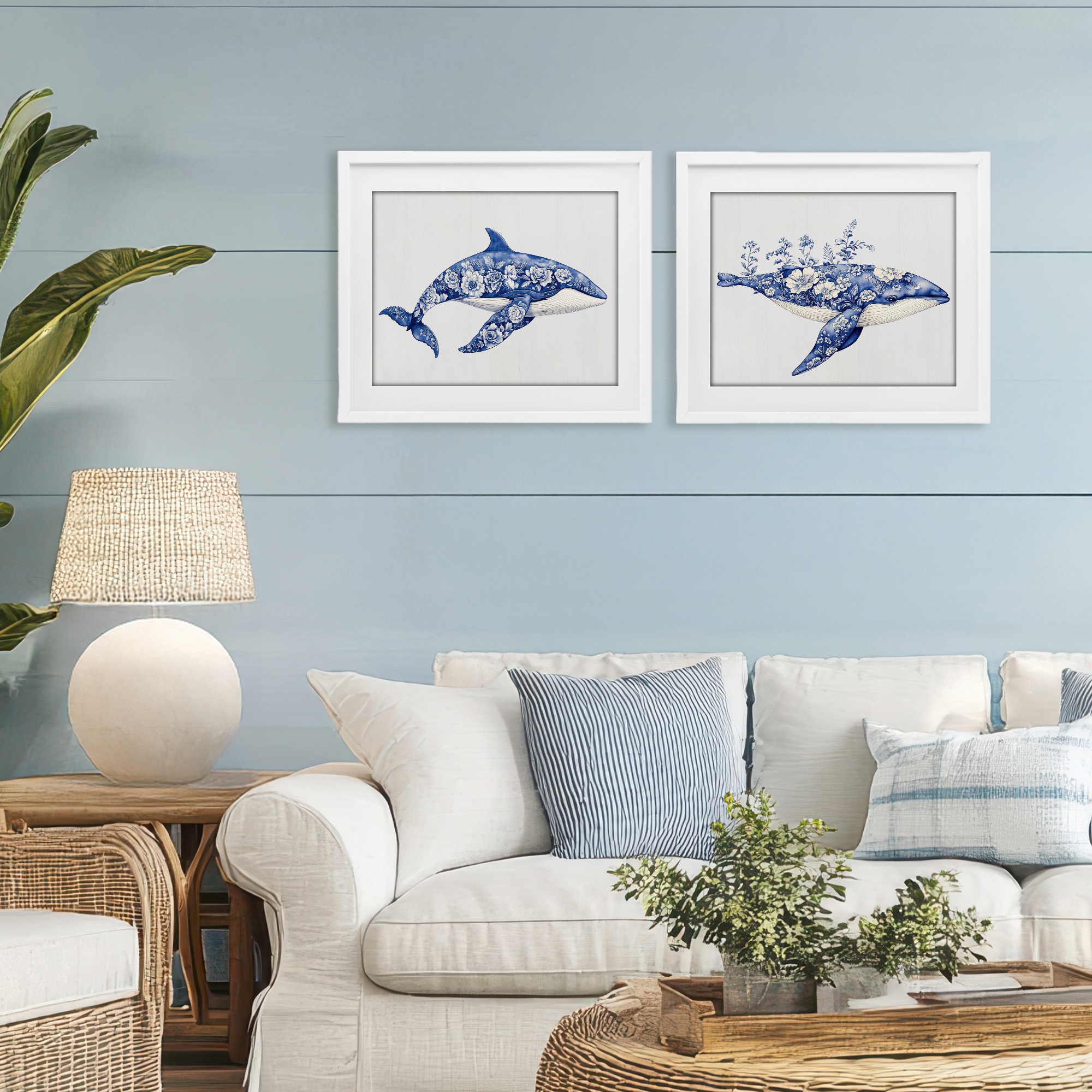 Blooming Toile Pattern Whales 2 Piece White Framed Print Under Glass Set, design by Lettered and Lined