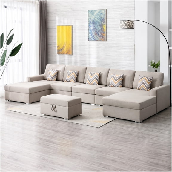 JERFIT 6-Piece Linen Sectional Sofa with Double Chaise, Storage Ottoman, and Accent Pillows, Beige