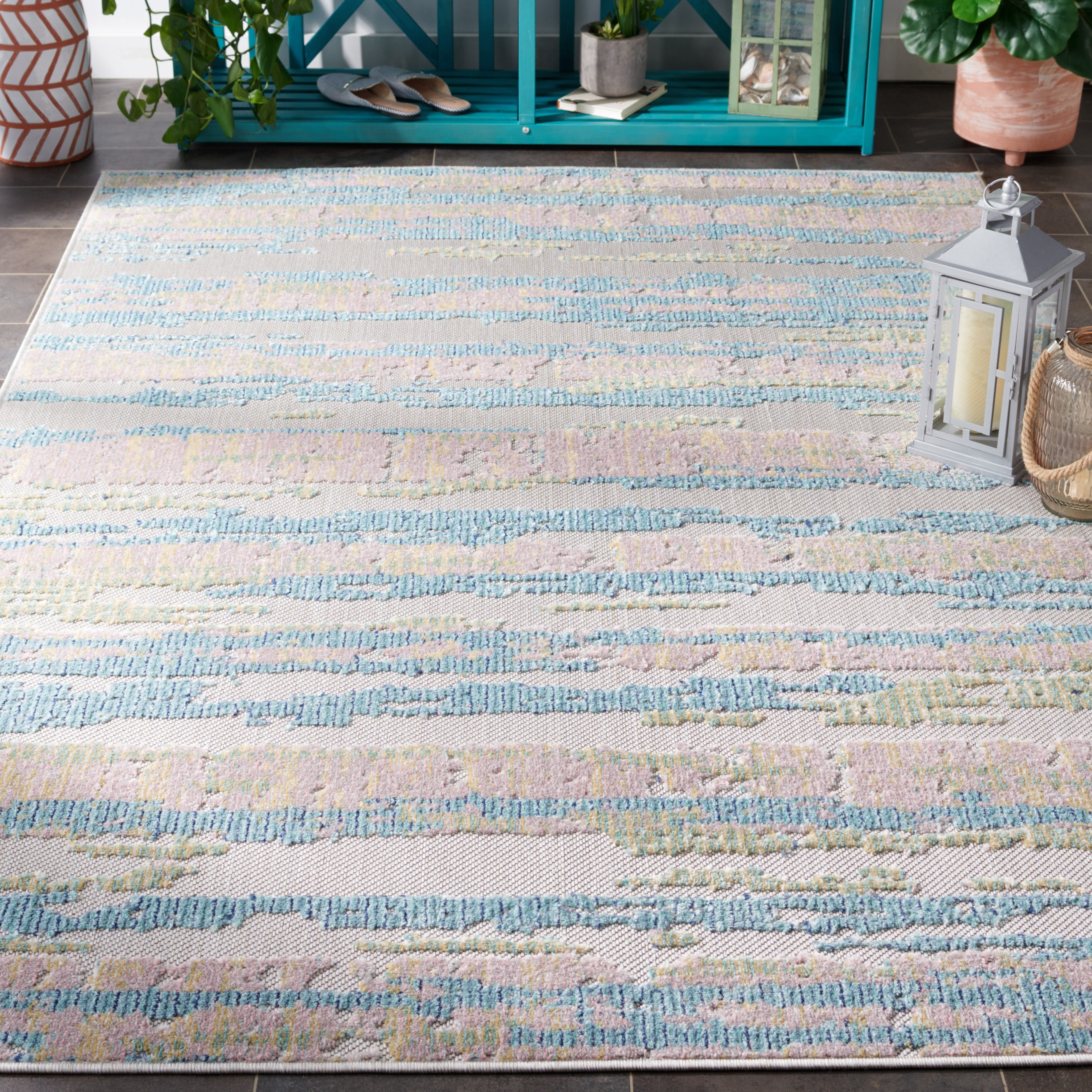 Safavieh  Cabana Maybritt Indoor/ Outdoor Boho Rug 5'3" x 7'6" - Aqua/Pink