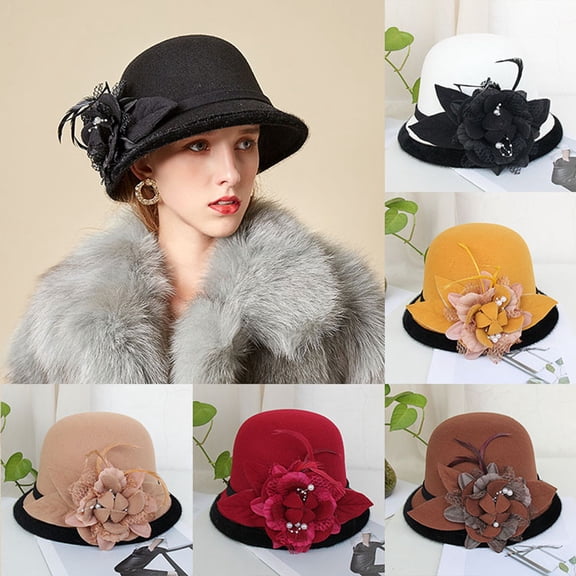Sales Today Under $5 Wine Red Church Hat GIJNRIUIUA Women Vintage Cloche Hat Floral Decor Short Curved Brim Felt Bucket Cap Elegant Fall Winter Wedding Church Party Travel Formal Dress Headwear