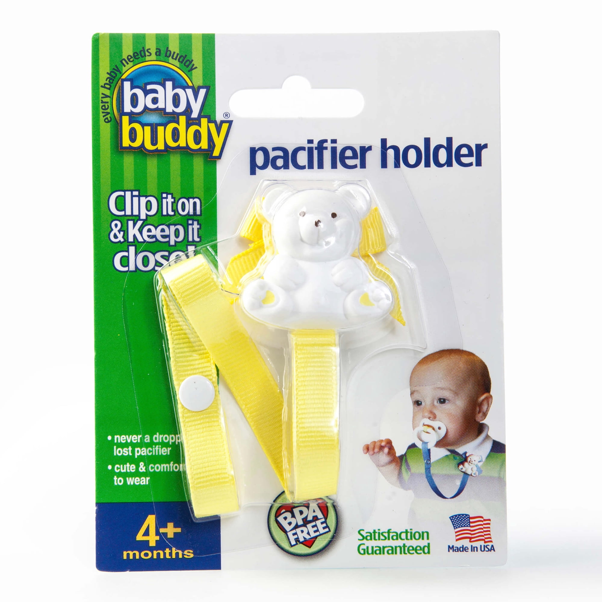Baby Buddy Pacifier Holder Clip-Cute Fashionable Bear Clips onto Babys Shirt, Snaps to Paci, Teether, Toys, Yellow, 1pk