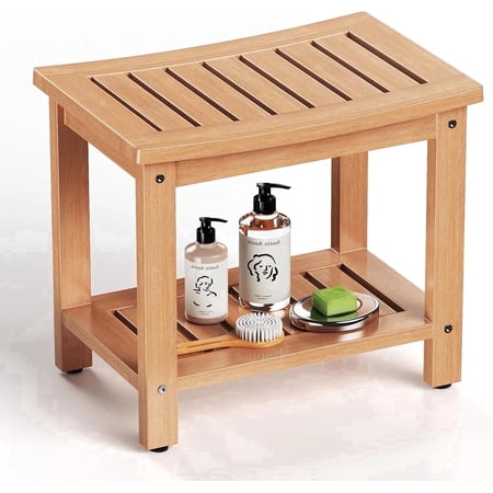 Kaleemen Shower Bench with Storage Shelf, Waterproof & Non-Slip Design Shower Stool for Bathroom, Living Room,Teak Color