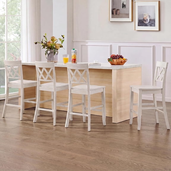 DUHOME Counter Height Bar Stools Set of 4, 24" H Farmhouse X-Back Wooden Barstools with Footrest, Distressed White Finish, Farmhouse Barstools for Kitchen Island, Home Bar & Pub