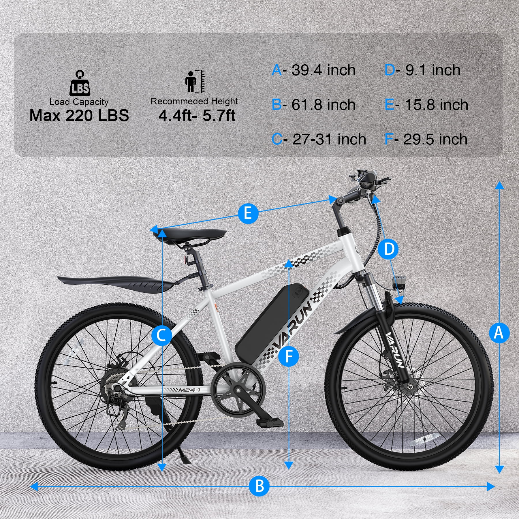 VARUN 24" Electric Bike for Adults, 350W Motor, 20MPH, 36V Removable Battery, Up to 50 Miles Range, 7-Speed, Front Suspension & Dual Disc Brakes, All-Terrain Tires, UL Certified