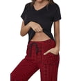 thumbnail image 7 of Xuanfei Women V Neck Short Sleeve Top Plaid Drawstring Waist Pocket Pants Loungewear, 7 of 7