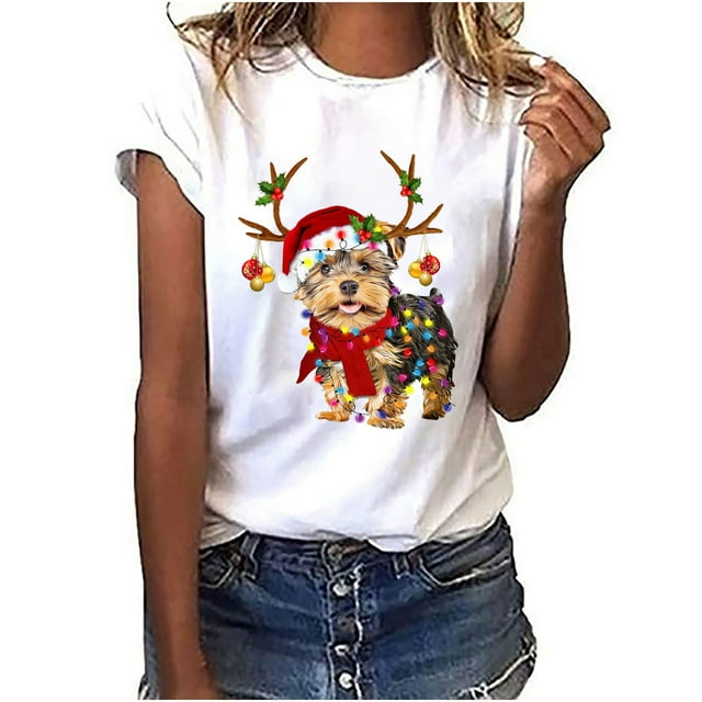 T-shirt Décontracté pour Femmes à Col Rond, Manches Courtes, Imprimé de Noël