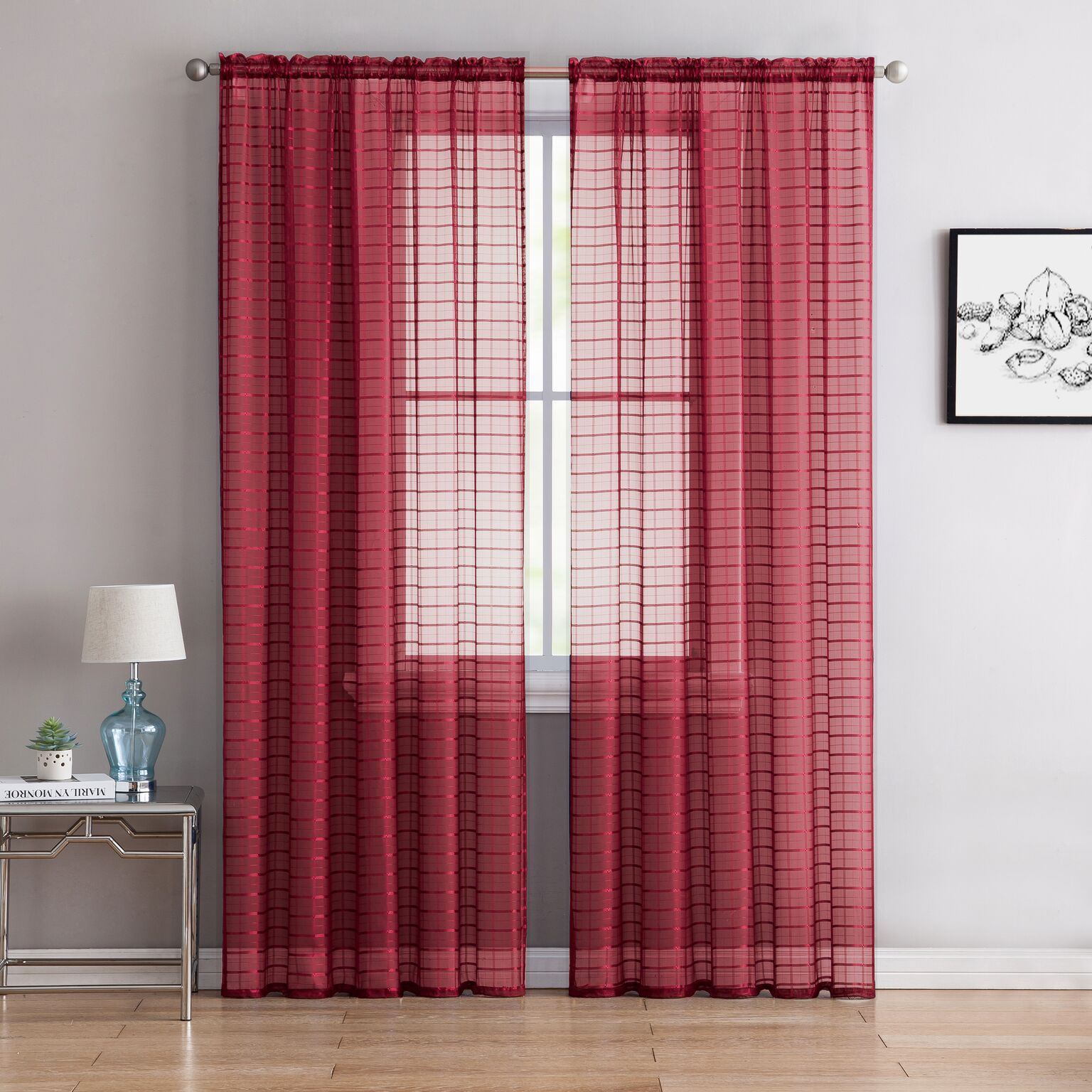 2 Pack Contemporary Plaid Sheer Voile Window Curtains Burgundy